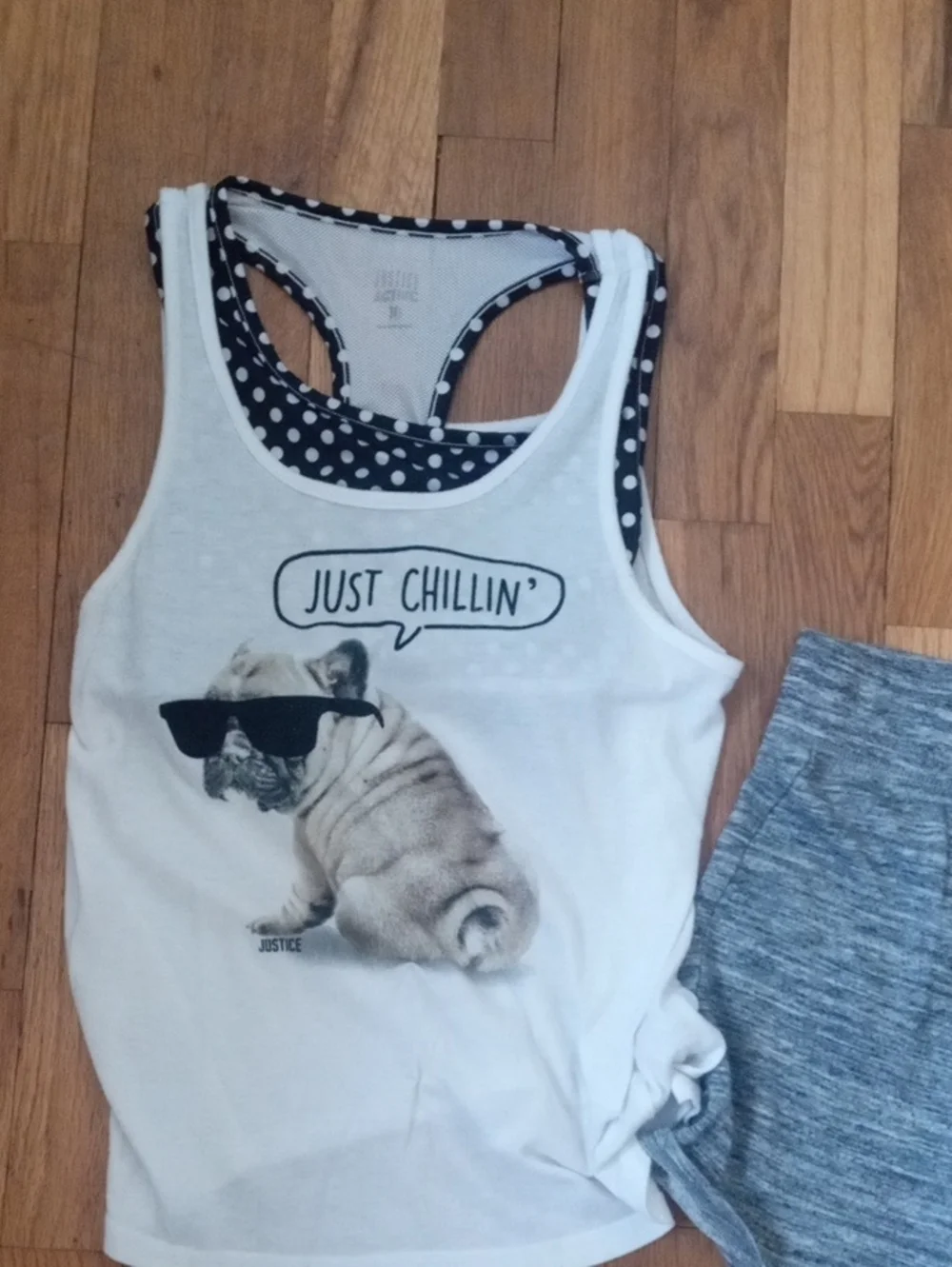 Graphic 'Just Chillin' Tank, built in sport bra with Gray sweat shorts, girl 10